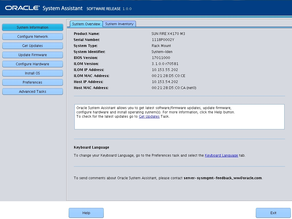 image:A screen capture showing the Oracle System Assistant main                             screen.