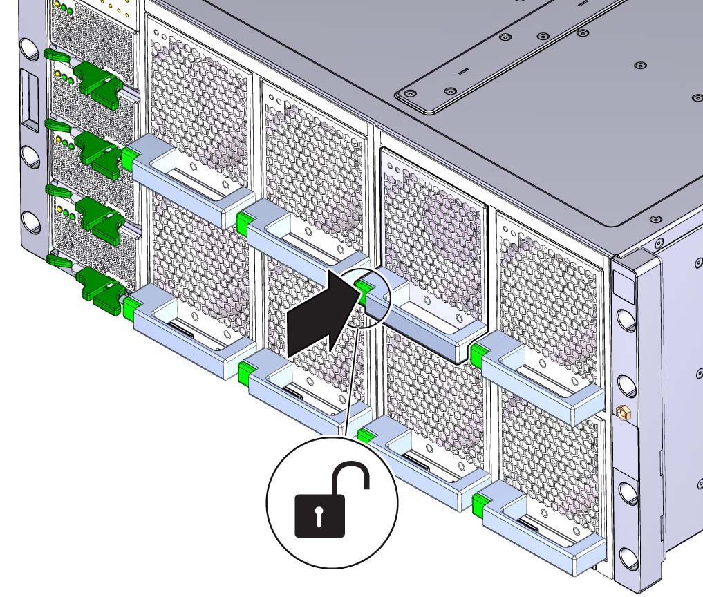 image:An illustration showing the unlock button on the front of the                                 fan module.