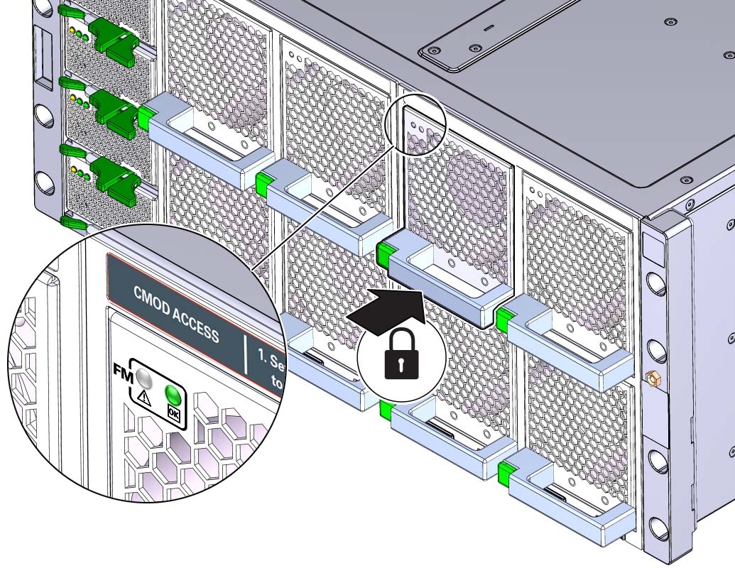 image:An illustration showing the indicator panel on the front of a                                 fan module.