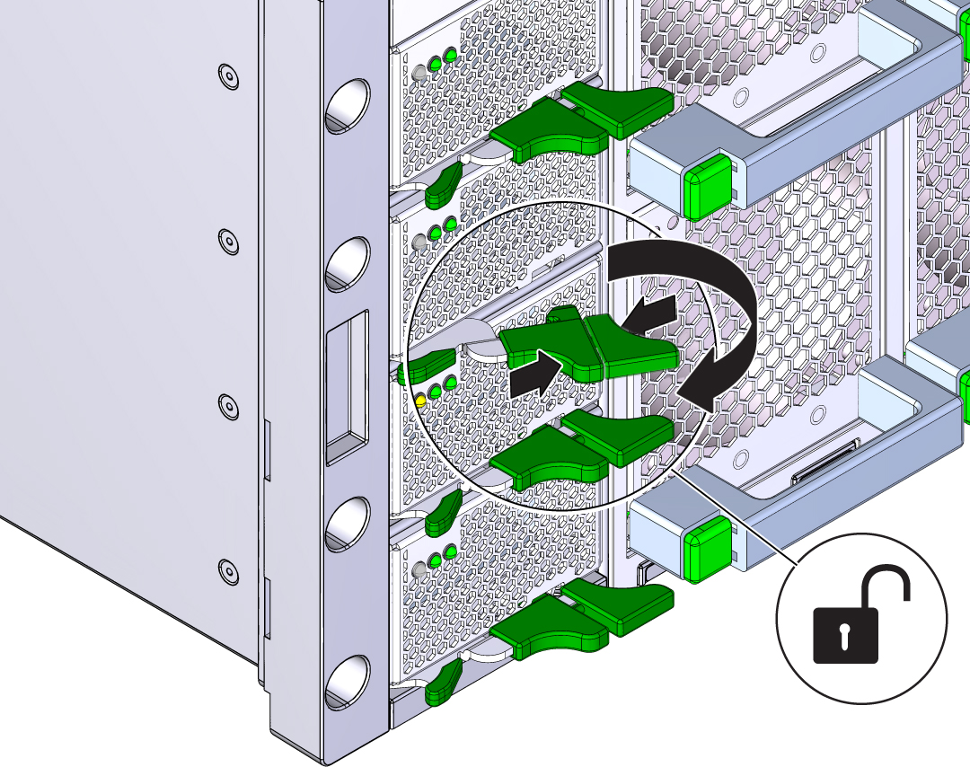 image:An illustration showing the unlock and rotate action of the                                 power supply lever.