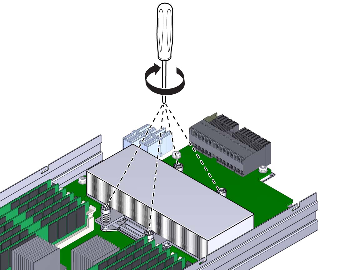 image:Picture of Phillips screwdriver tightening heat sink                                         screws.