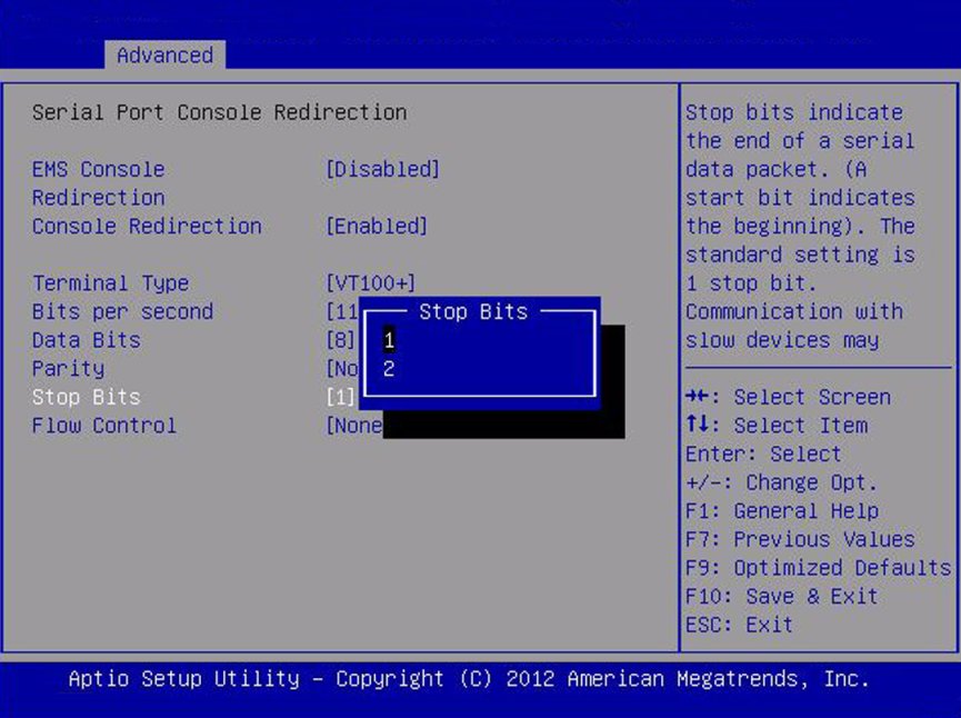 image:Screen capture showing the Serial Port Console Redirection                         screen.