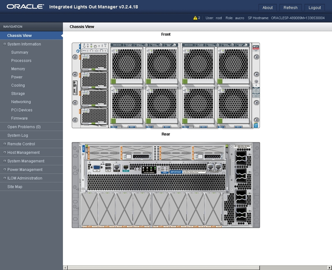 image:Picture of Oracle ILOM with chassis view selected.
