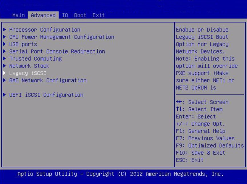 image:Screen capture showing the Legacy iSCSI screen.