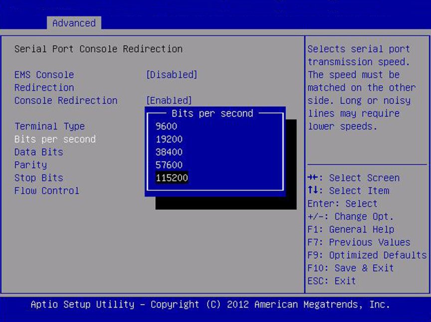 image:Screen capture showing the Serial Port Console Redirection                         screen.