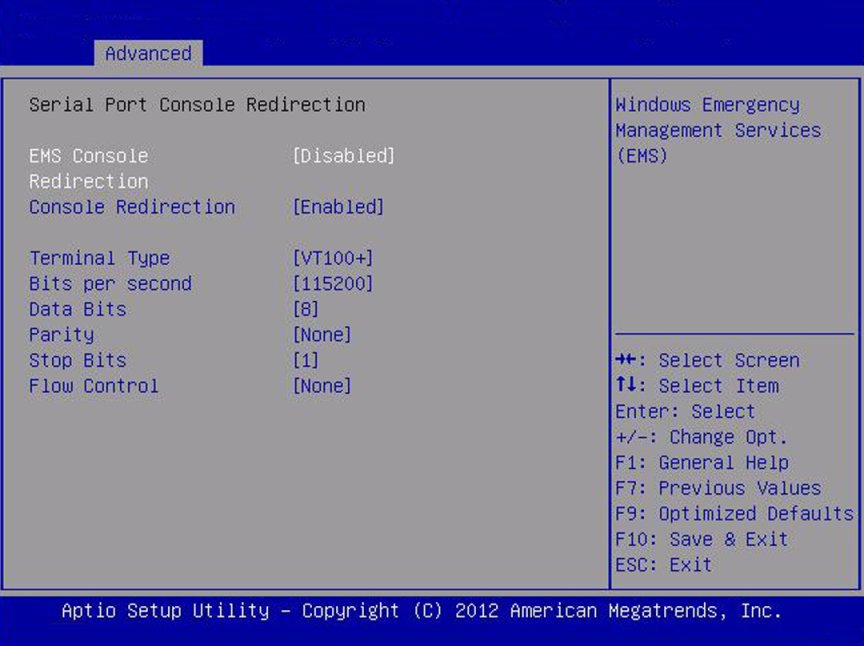 image:Screen capture showing the Serial Port Console Redirection                         screen.