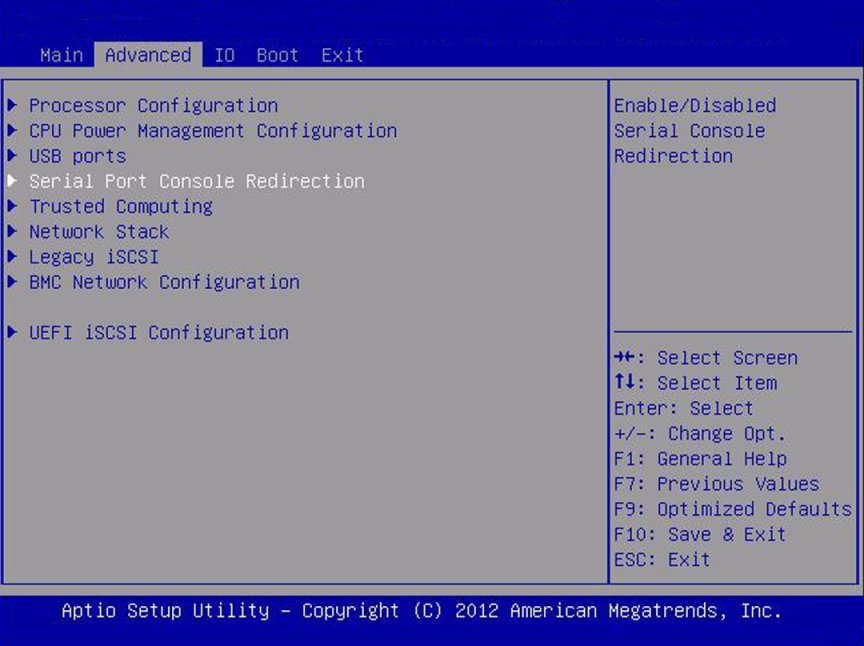 image:Screen capture showing the Serial Port Console Redirection                         screen.