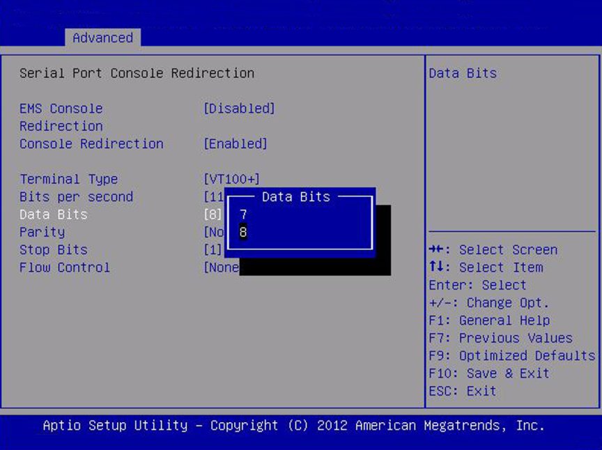 image:Screen capture showing the Serial Port Console Redirection                         screen.