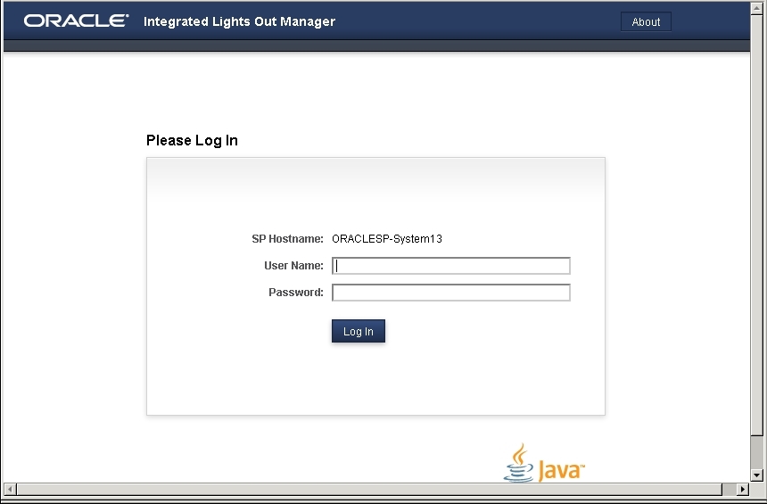 image:A screen capture showing the Oracle ILOM login                                 screen.