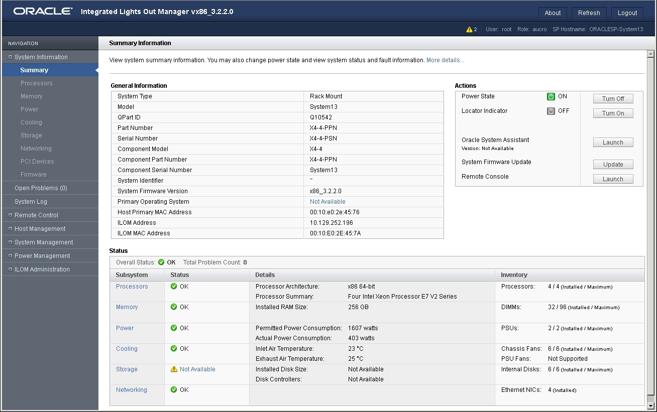 image:A screen capture showing the Oracle ILOM Summary                                 screen.