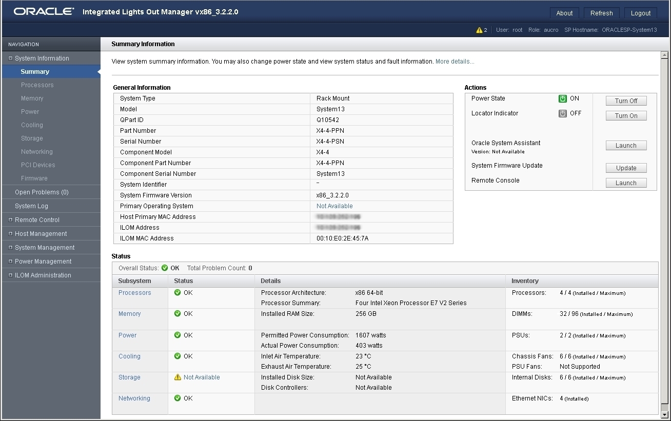 image:Graphic showing Oracle ILOM Summary screen