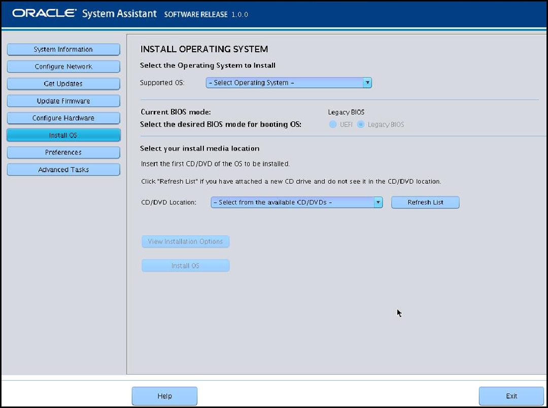 image:A screen capture showing the Oracle System Assistant Install OS                                 screen.
