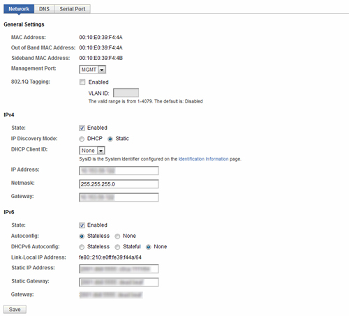image:This is an image of the Network Settings                             screen, which can be used to view and configure IPv4                             and IPv6 network settings.