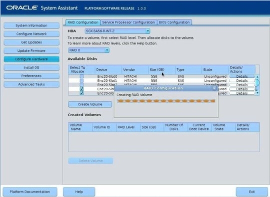image:Graphic showing the Creating RAID Volume progress                                         dialog.