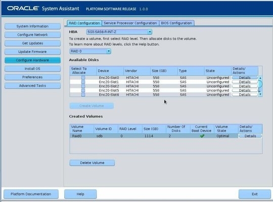 image:Graphic showing the RAID Configuration screen with                                         created volumes.