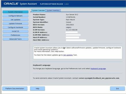 image:Graphic showing the Oracle System Assistant System Overview                                 screen.