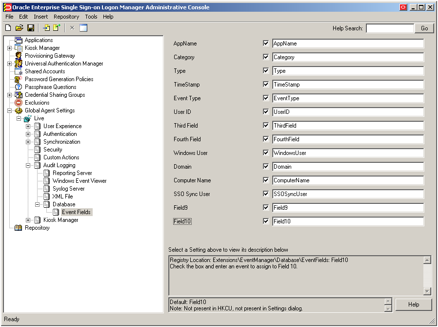 Event Fields Global Agent Settings page