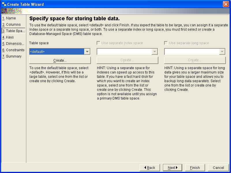 Specify Table Space for Data Storage
