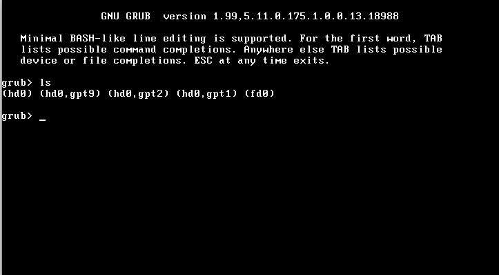image:Figure of the GRUB 2 command interpreter screen                                                 where information about devices can be                                                 retrieved.