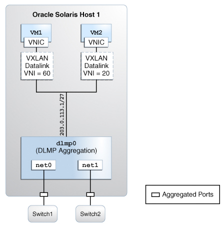 image:This figure illustrates configuring VXLANs over DLMP                         aggregation.
