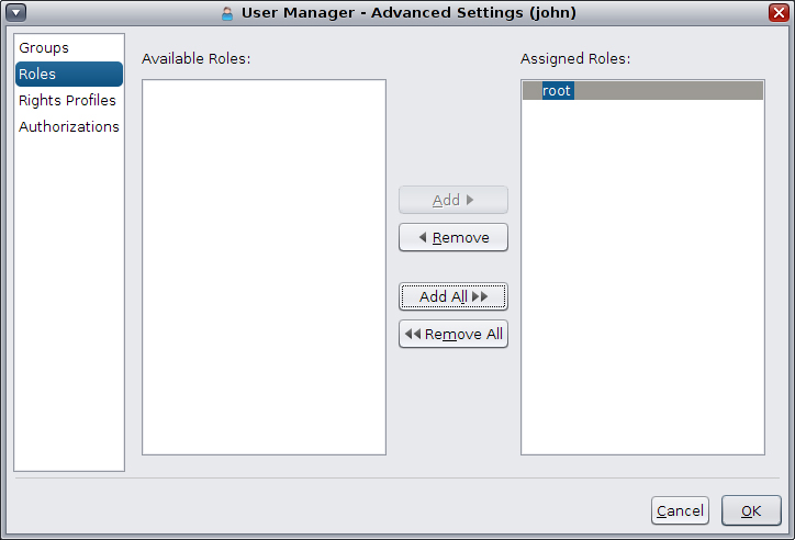 image:This figure shows the Advanced Settings dialog box, from which you can                     administer advanced security attributes for a user.