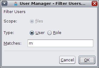 image:This figure shows the dialog box for changing the default name-service                         scope and/or type for a user.