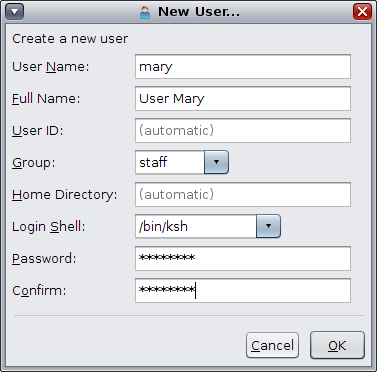 image:This figure shows the New User dialog box for the User Manager                                 GUI, where new user information is added.