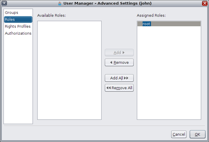 image:This figure shows available and assigned roles for a user. Click Roles                         on the left hand side of the Advanced Settings dialog to access.