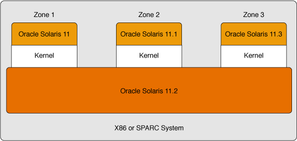 image:Graphic illustrates the OS virtualization by using Oracle Solaris Kernel             Zones.