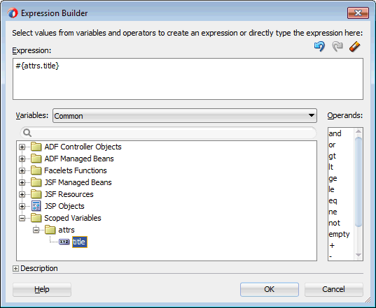 expression builder setting the value to #{attrs.title}