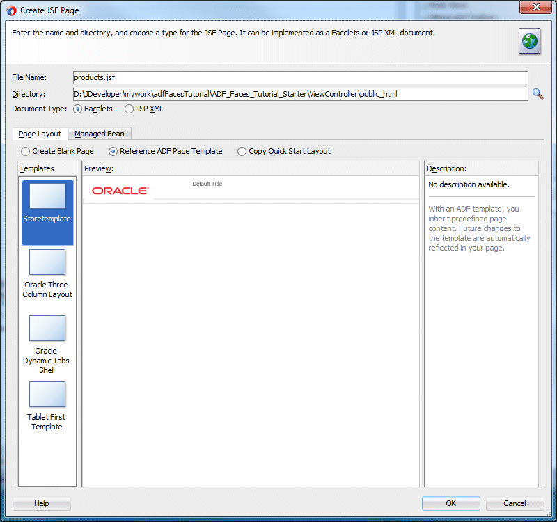specifying the definition of the page, including using a template