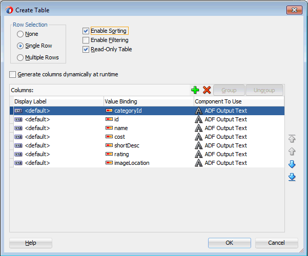 edit table columns dialog window
