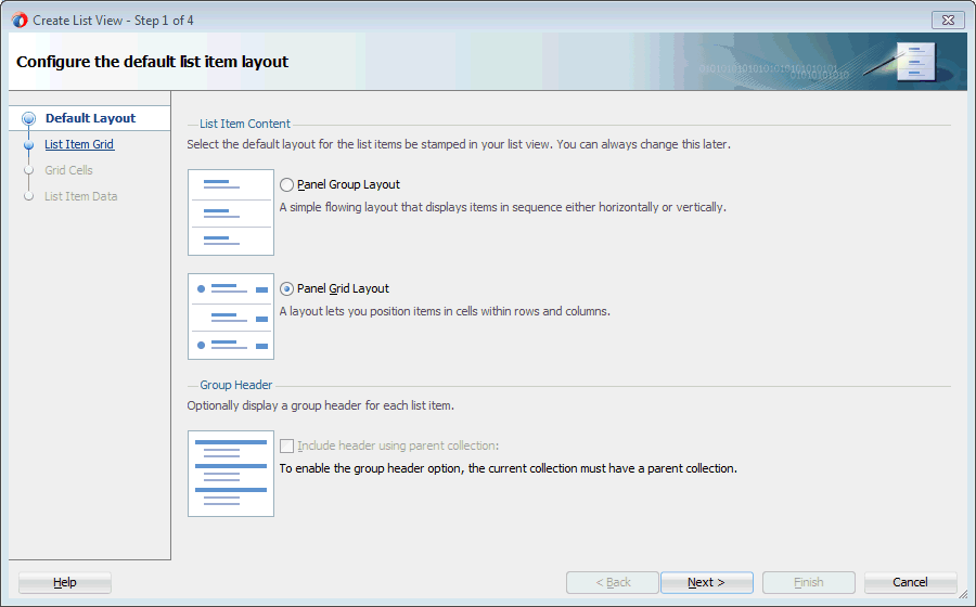 specifying panelgridlayout for list view