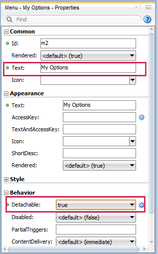 property inspector showing modified menu properties