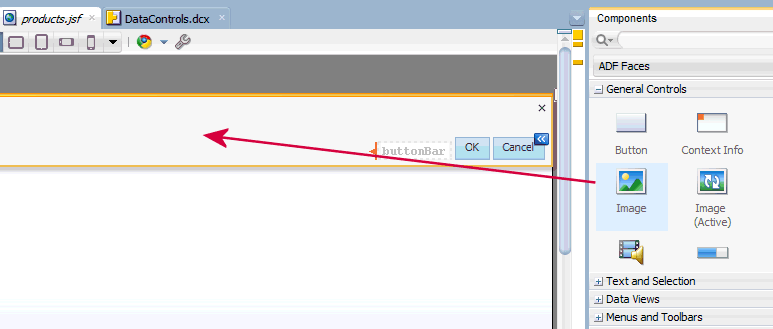 image component dropped in dialog pane, displayed in design view