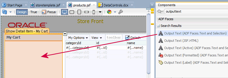 drag an ourput text component onto My Cart 