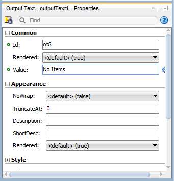 property inspector showing Value set to No Items