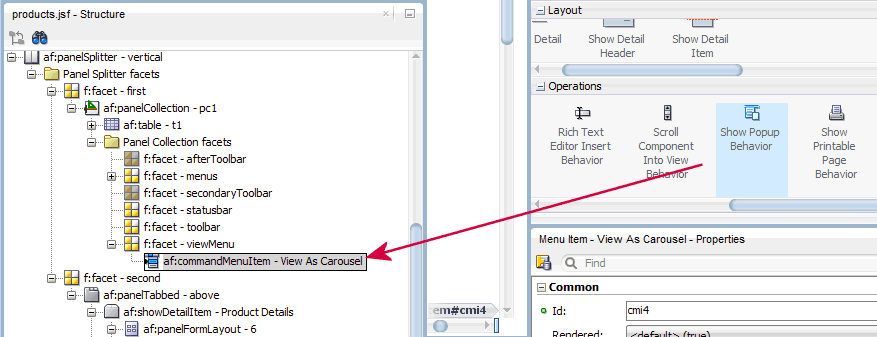 adding a Show Popup Behavior component onto the view carousel menu item