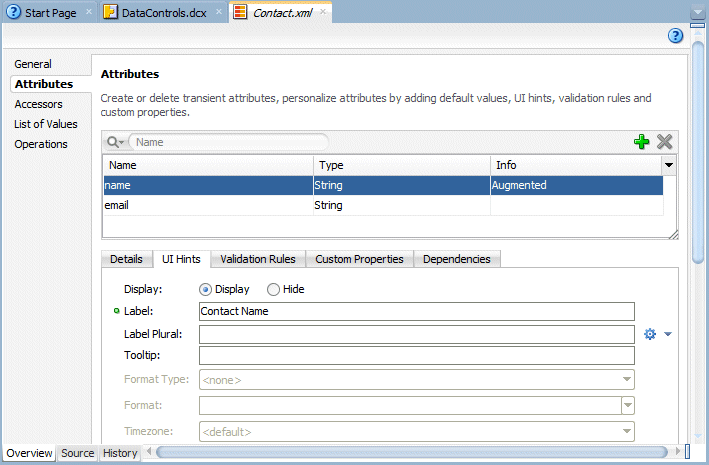 Overview editor for Contact.xml, UI Hints