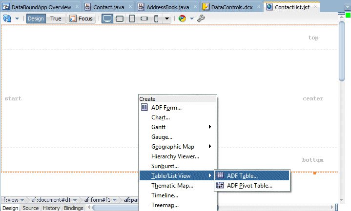 Create context menu, Table