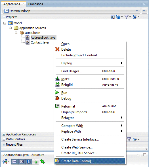 Create Data Control context menu