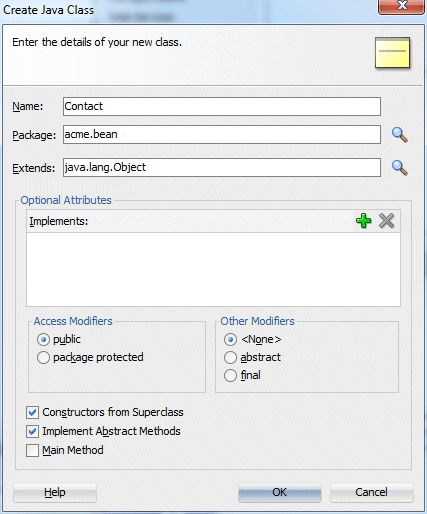 Create Java Class dialog