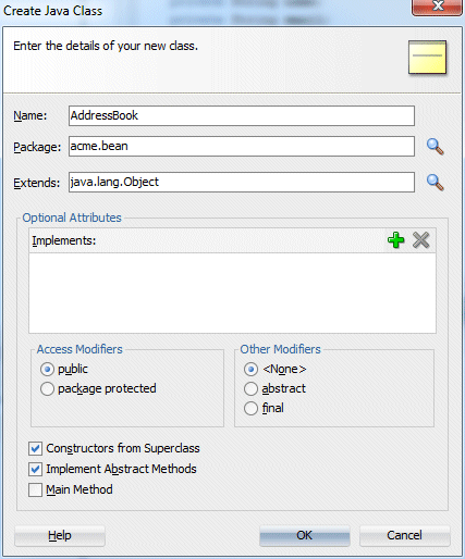 Create Java Class dialog