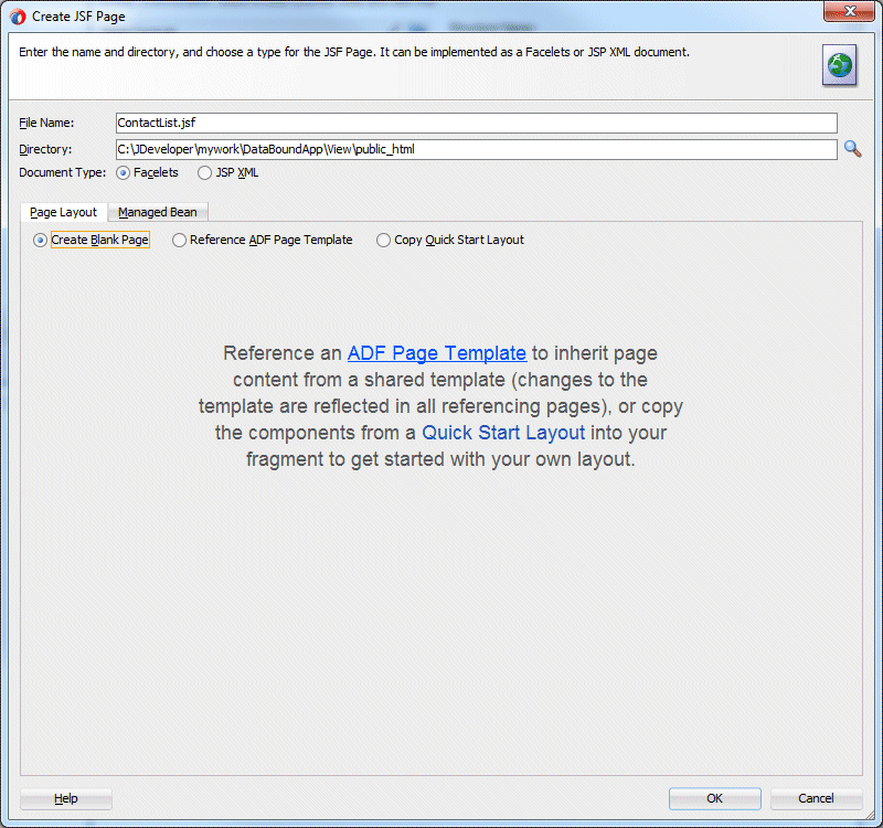 Create JSF Page dialog