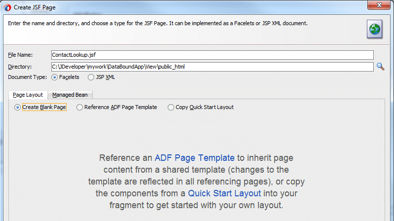 Create JSF Page dialog