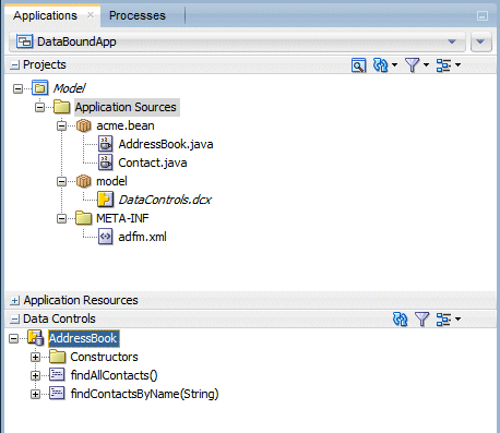 Application Navigator, Data Controls and Projects panels