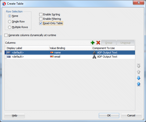 Edit Table Columns dialog