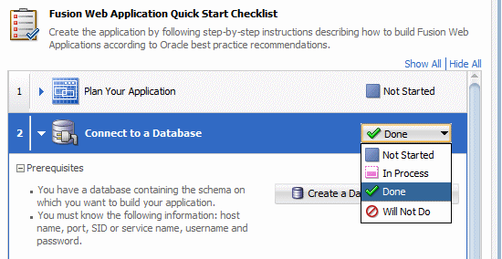 This screenshot shows the dropdown menu in step 2 of the checklist with option Done selected