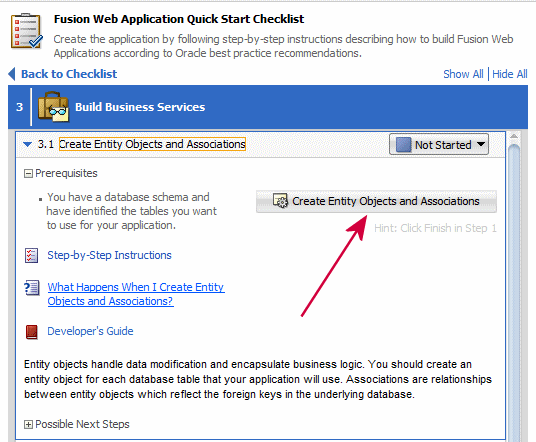 This screenshot shows the first sub task of step 3 with Create Entity Objects and Associations buttons