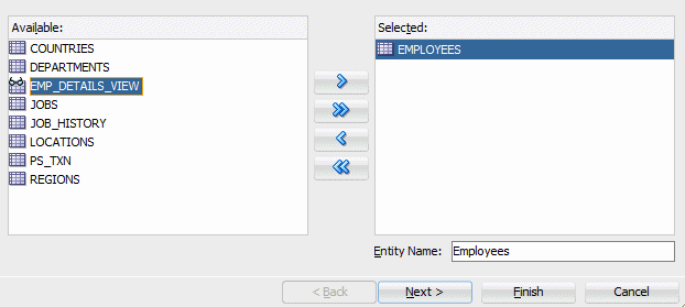 This screenshot shows step 1 in the wizard with the available tables in the left pane and the selected table employees in     the right pane